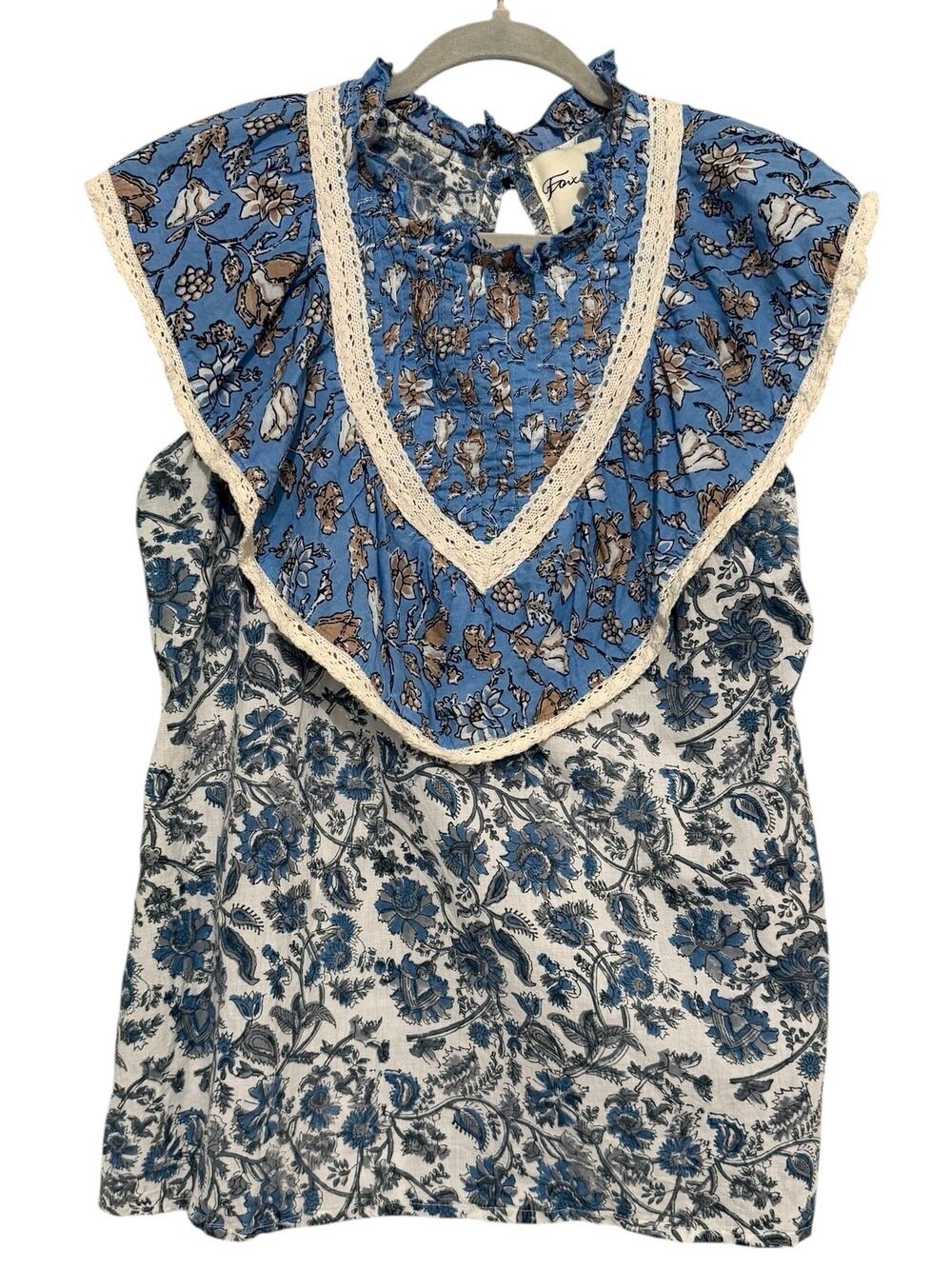 Fox & Hen Blue Floral Lace Trim Boho Peasant Blouse Ruffle Neck Size L